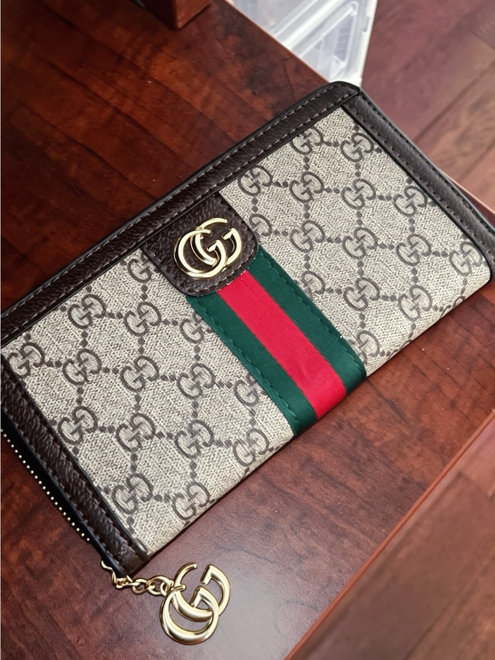 Gucci Beige Brown GG Supreme Zip Wallet with Green-Red Web Stripe